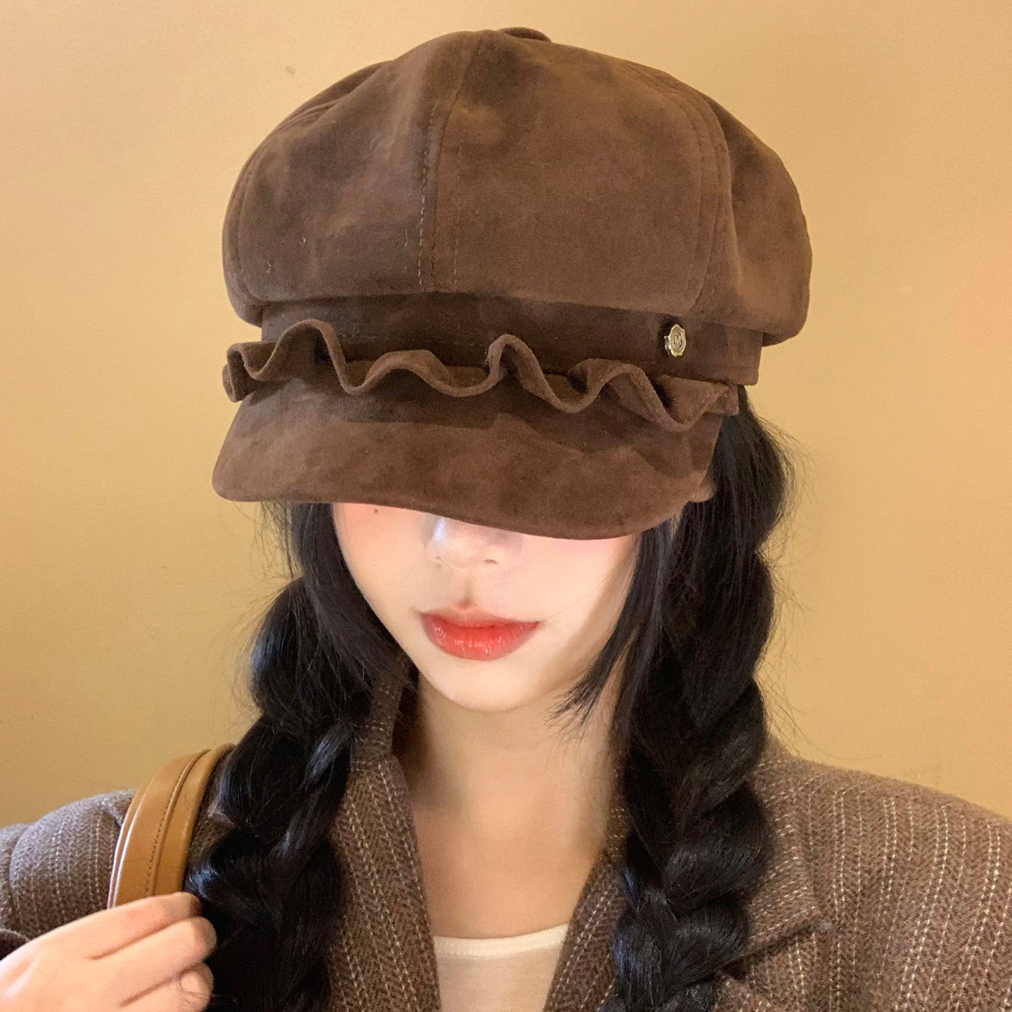 麂皮绒褶皱边贝雷帽女秋冬季美拉德复古八角帽大头围报童画家帽子 - 图1