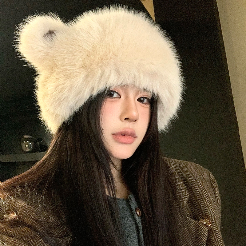 可爱小熊毛绒帽女秋冬季韩版显脸小护耳帽加绒保暖蒙古东北帽子