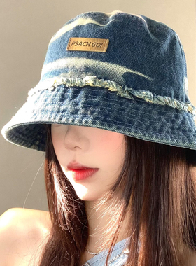 水洗做旧牛仔渔夫帽女夏季大头围