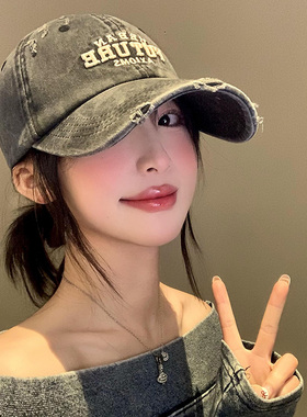 美式复古棒球帽女水洗做旧破洞