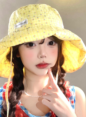 黄色甜美碎花渔夫帽女春夏薄款