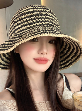 条纹编织大帽檐草帽女夏季可折叠