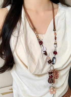 宵夜同款新中式花朵串珠项链长款