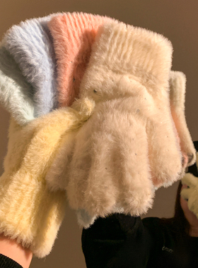 水钻毛绒黄色针织手套冬季可触屏