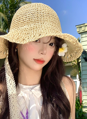 法式蕾丝系带镂空草帽女夏季海边