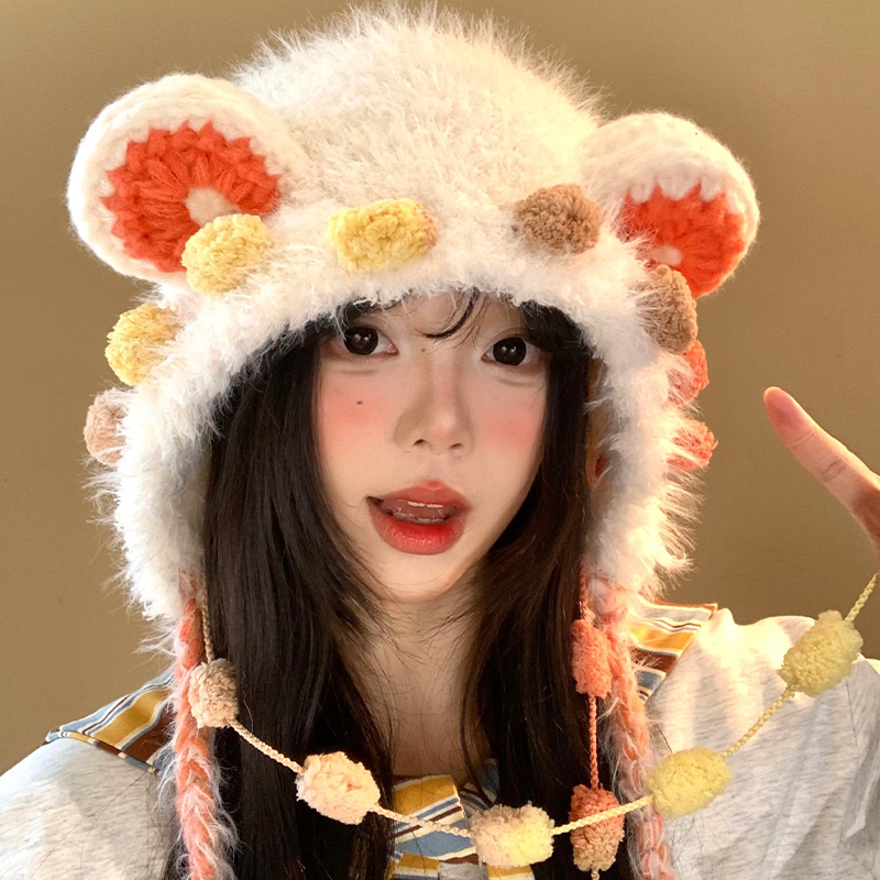 流苏小熊耳朵毛绒针织护耳帽女冬季可爱显脸小毛线帽保暖雷锋帽子 - 图1