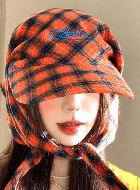 红色格子纹绑带鸭舌头巾帽子女