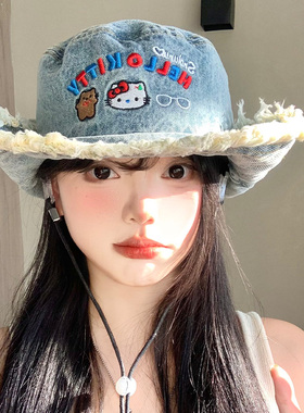kitty猫水洗牛仔毛边渔夫帽女夏