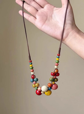 彩色圆珠陶瓷串珠项链女新中式