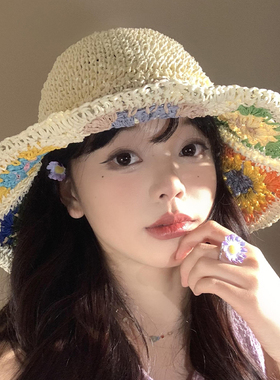 法式花朵镂空编织草帽遮阳防晒