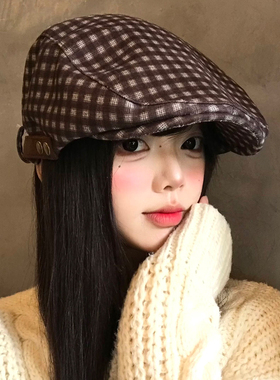 咖色格纹前进帽女秋季日系文艺