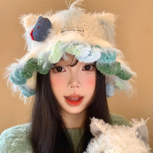 可爱Kitty猫耳朵毛绒针织帽女秋冬季显脸小毛线帽大头围保暖帽子 - 图0