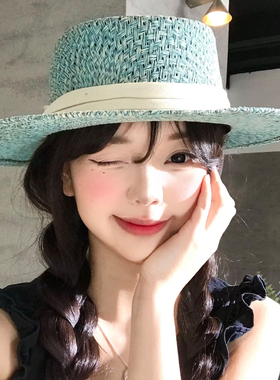 法式复古蓝色平顶草帽女夏小众