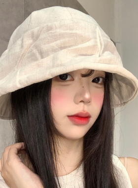 日系褶皱亚麻渔夫帽女夏季显脸小
