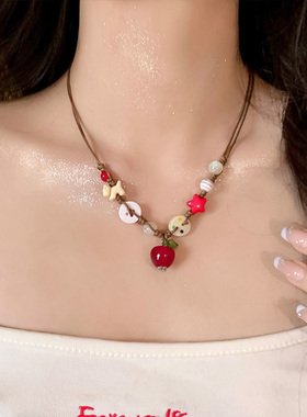 可爱苹果吊坠纽扣串珠编织项链
