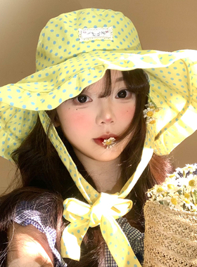 黄色波点绑带渔夫帽女夏防紫外线