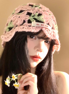粉色钩针花朵镂空帽子女夏季薄款