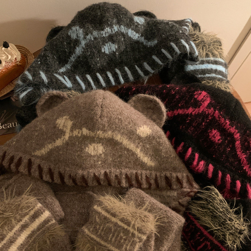 可爱小熊耳朵针织帽子围巾一体女冬季百搭显脸小毛线帽保暖护耳帽