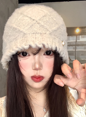 菱格毛边针织帽女秋冬韩版显脸小