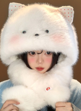 白色可爱猫耳朵毛绒帽子围巾一体