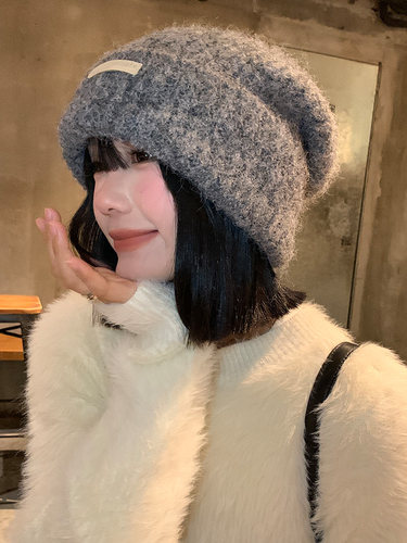灰色毛线帽女秋冬季宽松大头围毛绒针织堆堆帽显脸小保暖羊毛帽子 - 图2