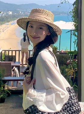 镂空平顶草帽女夏季海边遮阳防晒