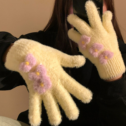 可爱多巴胺蝴蝶手套女冬季针织毛线毛绒加厚防寒保暖触屏骑车骑行 - 图2
