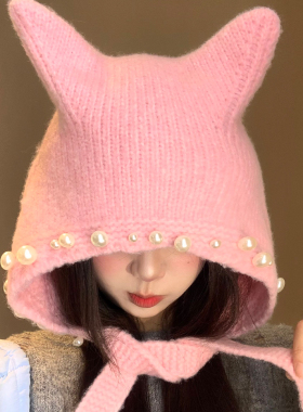 粉色珍珠猫耳朵针织护耳帽女秋冬
