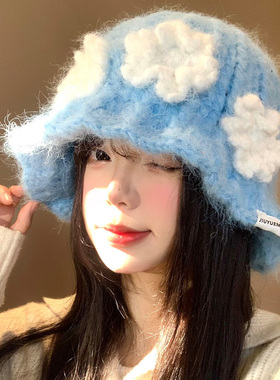 立体花朵蓝色针织渔夫帽女秋冬季
