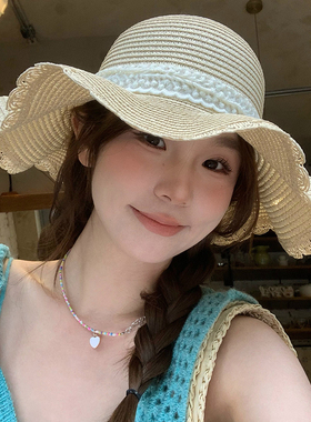 波浪边蕾丝蝴蝶结草帽海边度假