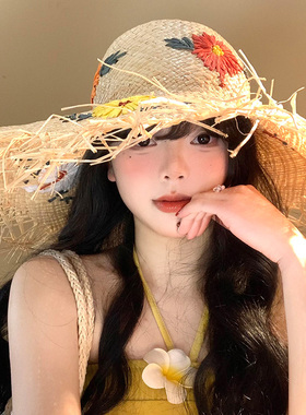 花朵拉菲草帽女夏海边沙滩度假