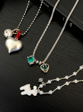 彩色方块Kitty猫爱心长款项链女