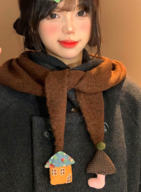卡通小房子针织三角巾披肩女秋冬