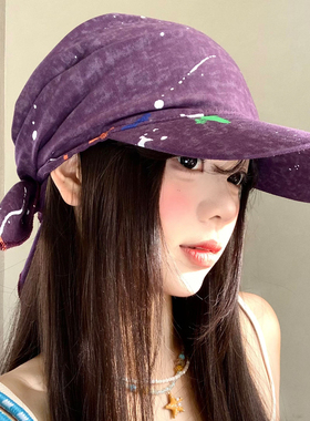 紫色涂鸦头巾帽子女春夏小众时髦街头显脸小薄款透气绑带鸭舌帽子