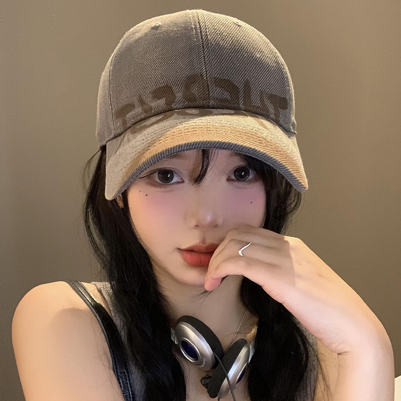 水洗做旧字母棒球帽女美式复古大头围鸭舌帽显脸小宽帽檐软顶帽子 - 图1