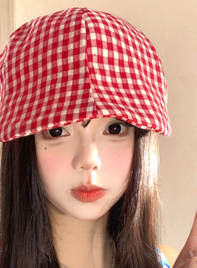 复古红色格子前进帽女夏薄款百搭