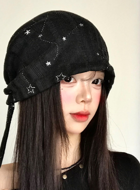 韩系星星系带包头帽女黑色显脸小