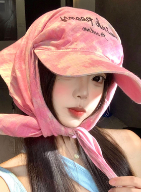 粉色晕染格子头巾帽子女夏季嘻哈
