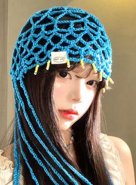 蓝色流苏镂空针织包头帽女夏薄款