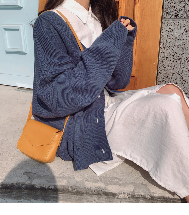 秋冬季新款韩版慵懒风女学生宽松纯色针织开衫毛衣外套外穿针织衫