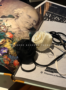 ECHOZOE“巴黎小玫瑰”法式温柔缎面玫瑰花绑带项链复古度假春夏