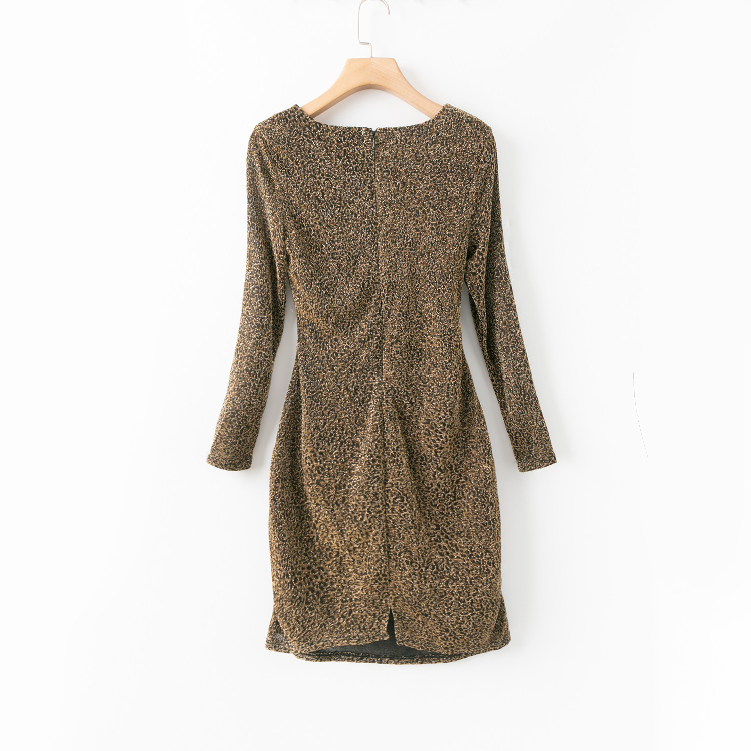 春秋外贸韩版新款   时尚简约  银线(金线)交织  圆领长袖连衣裙