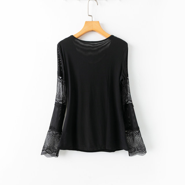 Sleeve lace patchwork neck round sleeve long sleeve mesh lace shirt
