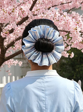 清新蓝色双面经典格子发圈显脸小