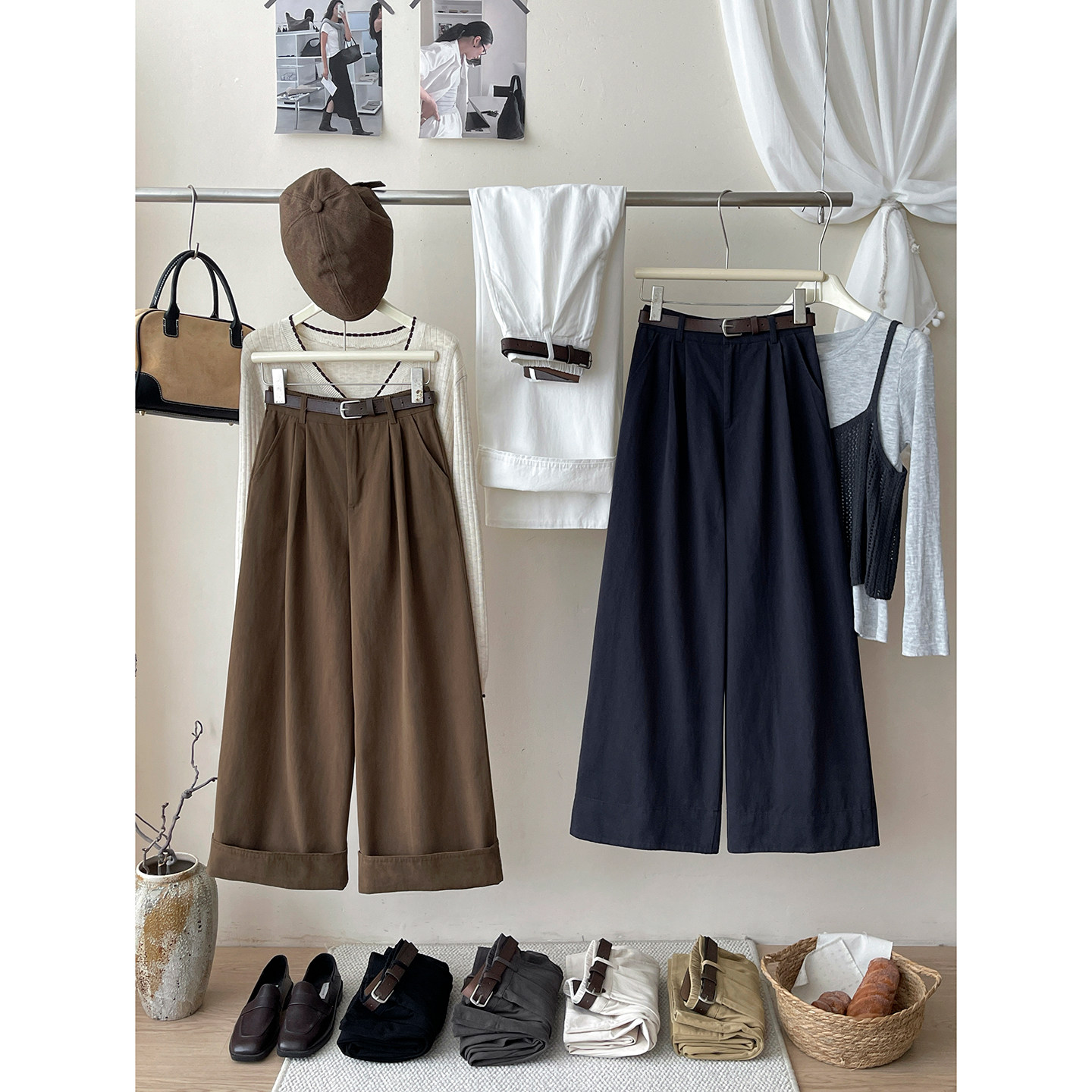 日韩系复古拼接卷边两穿洗水棉阔腿裤女秋显瘦咖色休闲大脚直筒裤,淘宝优惠券,粉丝福利购,淘宝优惠卷