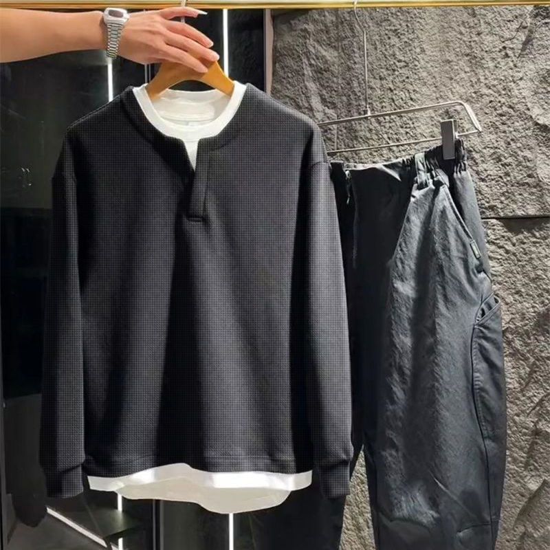 春季亨利领假两件长袖T恤衫拼接撞色男时尚百搭休闲痞帅美式上衣 - 图2