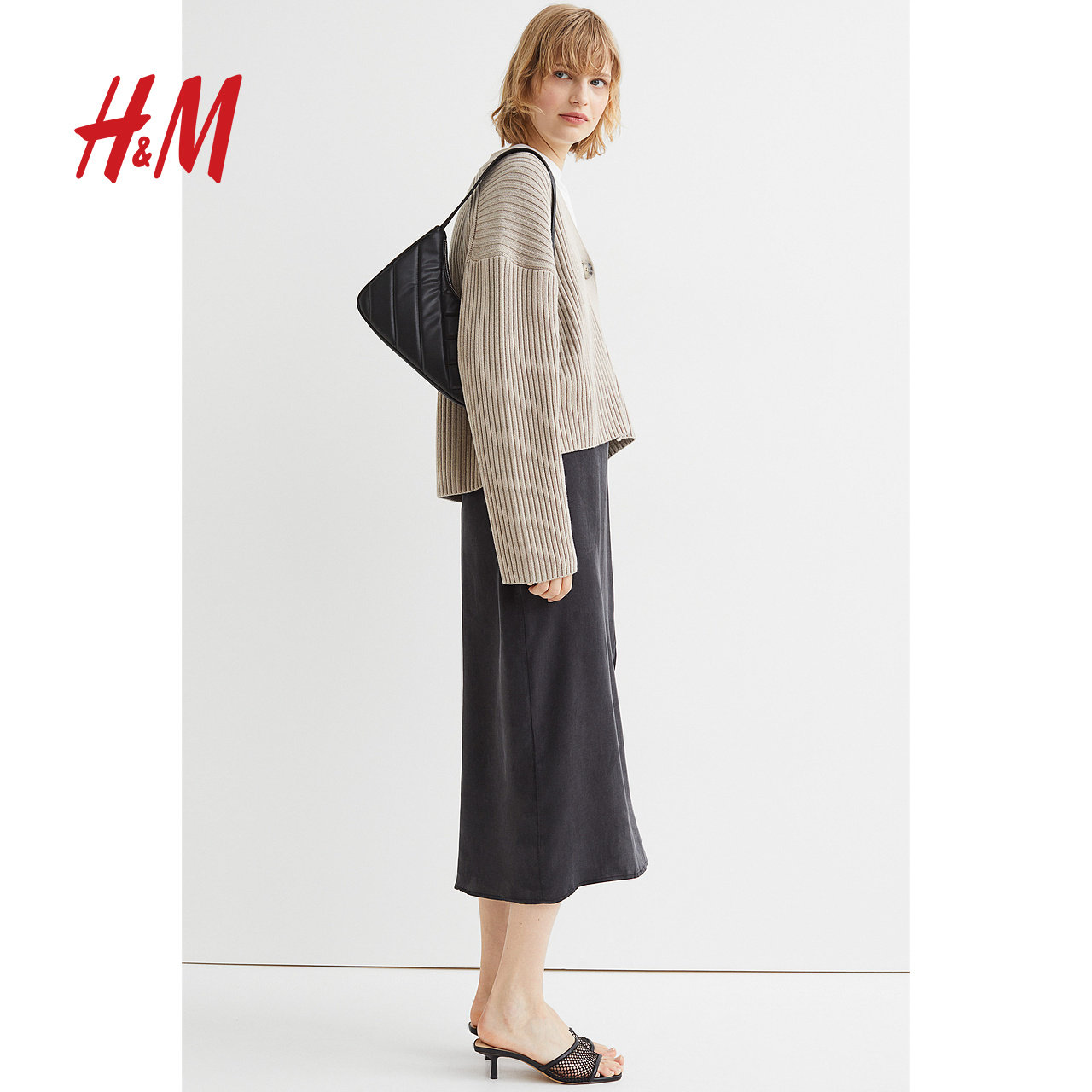 hm 2023春季法式高腰开衩气质半身裙 HM半身裙