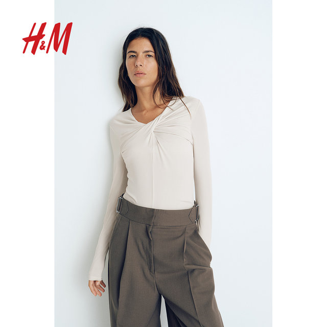 HM women's T-shirt 2025 autumn new slim fit V-neck long-sleeved bottoming dress twisted drape top 1283566