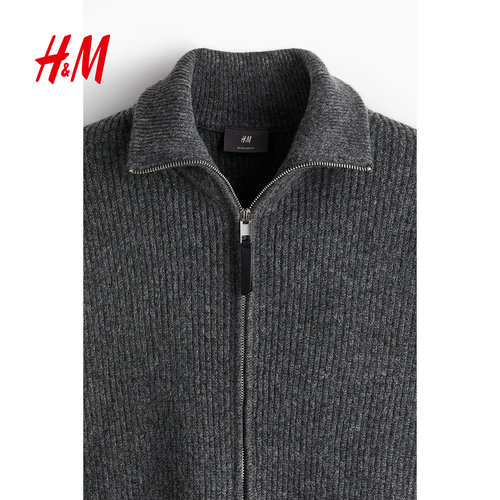 HM男装针织衫冬季时尚标准版型罗纹针织开衫1232055 - 图1