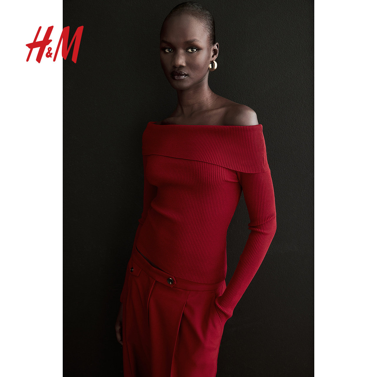 HM女装红色毛针织衫冬季内搭毛衣新年战袍修身露肩上衣1237775,淘宝优惠券,粉丝福利购,淘宝优惠卷